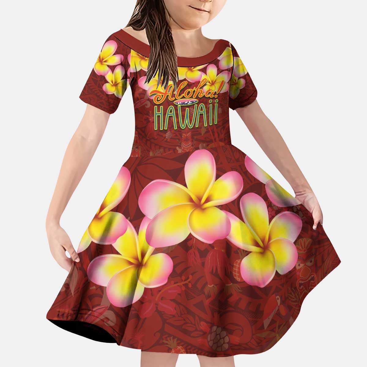 Aloha Plumeria Flowers Kid Short Sleeve Dress With Hawaiian Style Tapa Tribal LT03 KID Red - Polynesian Pride