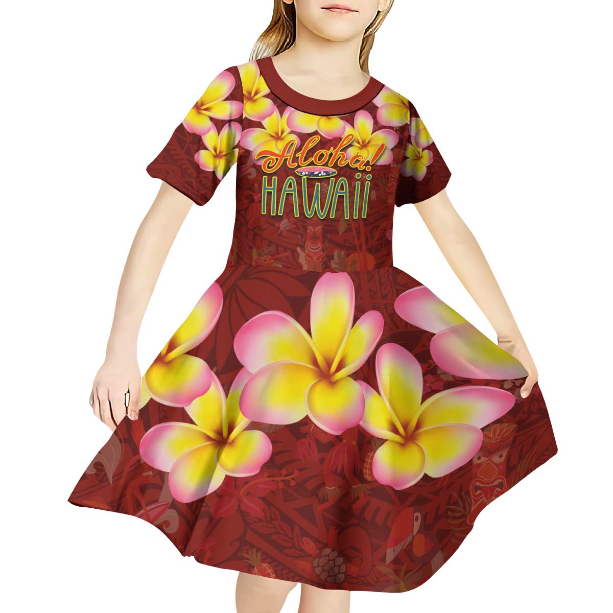 Aloha Plumeria Flowers Kid Short Sleeve Dress With Hawaiian Style Tapa Tribal LT03 - Polynesian Pride