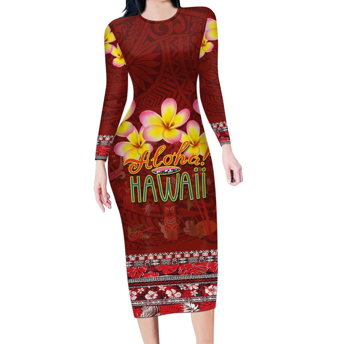 Aloha Plumeria Flowers Long Sleeve Bodycon Dress With Hawaiian Style Tapa Tribal LT03 Long Dress Red - Polynesian Pride
