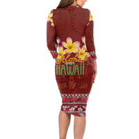 Aloha Plumeria Flowers Long Sleeve Bodycon Dress With Hawaiian Style Tapa Tribal LT03 - Polynesian Pride