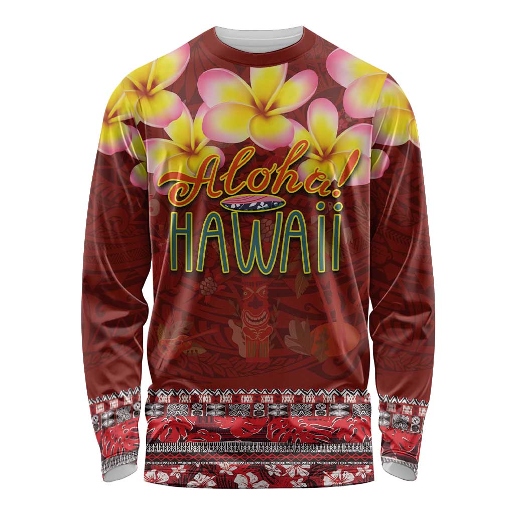Aloha Plumeria Flowers Long Sleeve Shirt With Hawaiian Style Tapa Tribal LT03 Unisex Red - Polynesian Pride
