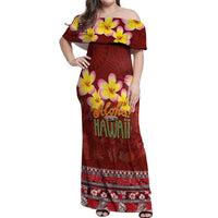 Aloha Plumeria Flowers Off Shoulder Maxi Dress With Hawaiian Style Tapa Tribal LT03 Women Red - Polynesian Pride