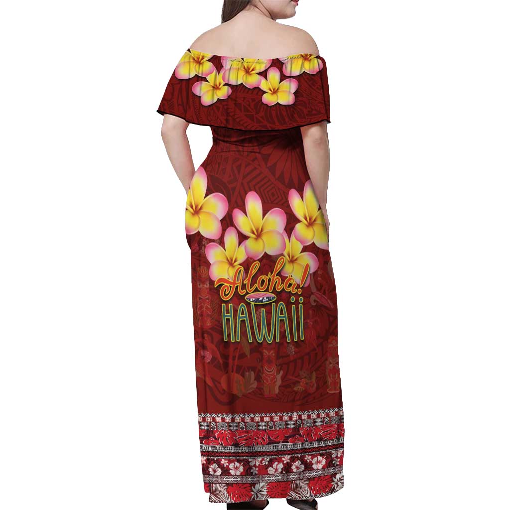 Aloha Plumeria Flowers Off Shoulder Maxi Dress With Hawaiian Style Tapa Tribal LT03 - Polynesian Pride