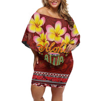 Aloha Plumeria Flowers Off Shoulder Short Dress With Hawaiian Style Tapa Tribal LT03 Women Red - Polynesian Pride