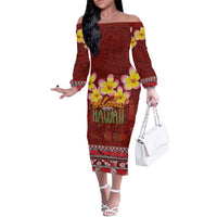 Aloha Plumeria Flowers Off The Shoulder Long Sleeve Dress With Hawaiian Style Tapa Tribal LT03 Women Red - Polynesian Pride