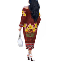 Aloha Plumeria Flowers Off The Shoulder Long Sleeve Dress With Hawaiian Style Tapa Tribal LT03 - Polynesian Pride
