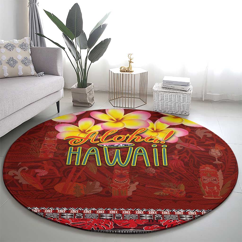 Aloha Plumeria Flowers Round Carpet With Hawaiian Style Tapa Tribal LT03 - Polynesian Pride