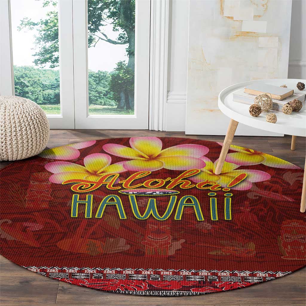 Aloha Plumeria Flowers Round Carpet With Hawaiian Style Tapa Tribal LT03 - Polynesian Pride