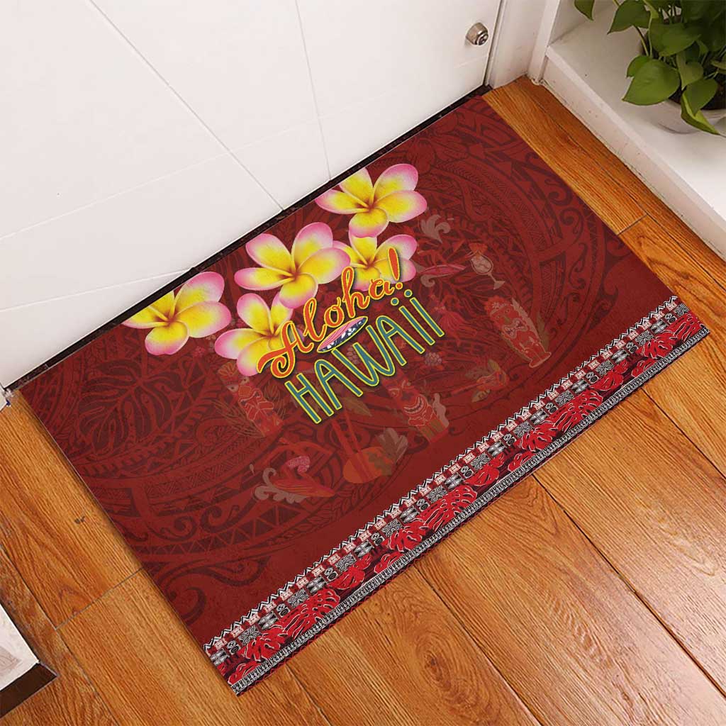Aloha Plumeria Flowers Rubber Doormat With Hawaiian Style Tapa Tribal