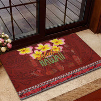 Aloha Plumeria Flowers Rubber Doormat With Hawaiian Style Tapa Tribal