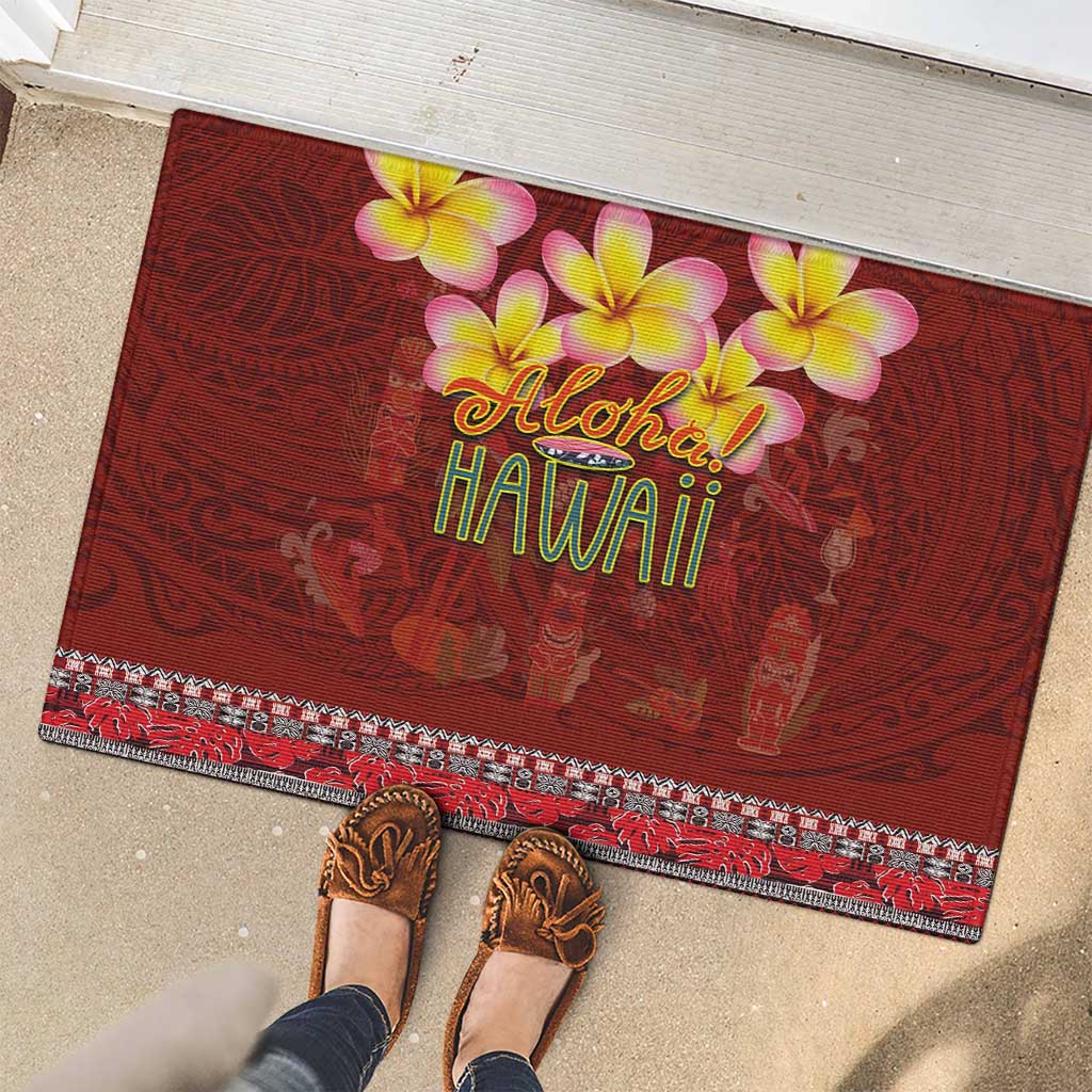 Aloha Plumeria Flowers Rubber Doormat With Hawaiian Style Tapa Tribal