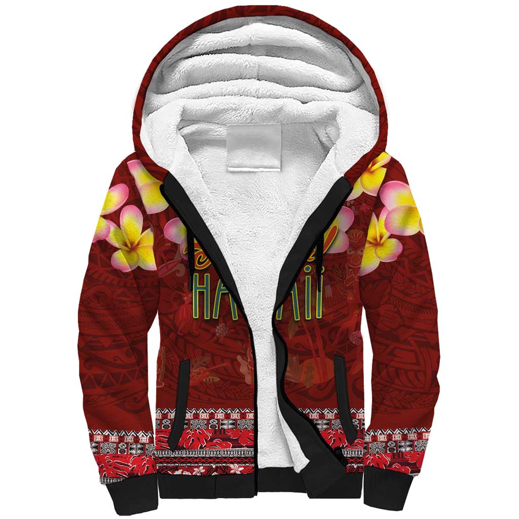 Aloha Plumeria Flowers Sherpa Hoodie With Hawaiian Style Tapa Tribal LT03 Unisex Red - Polynesian Pride