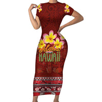 Aloha Plumeria Flowers Short Sleeve Bodycon Dress With Hawaiian Style Tapa Tribal LT03 Long Dress Red - Polynesian Pride