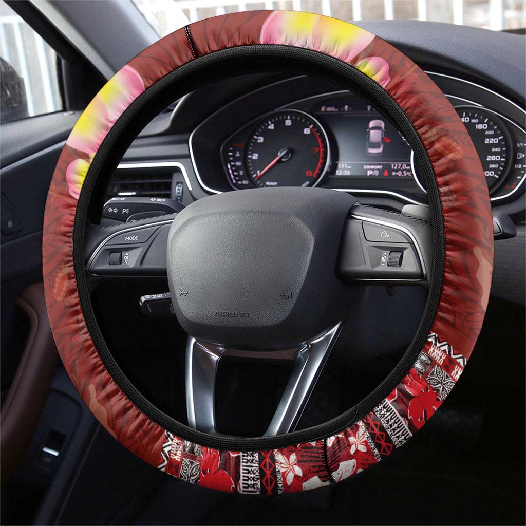 Aloha Plumeria Flowers Steering Wheel Cover With Hawaiian Style Tapa Tribal LT03 - Polynesian Pride
