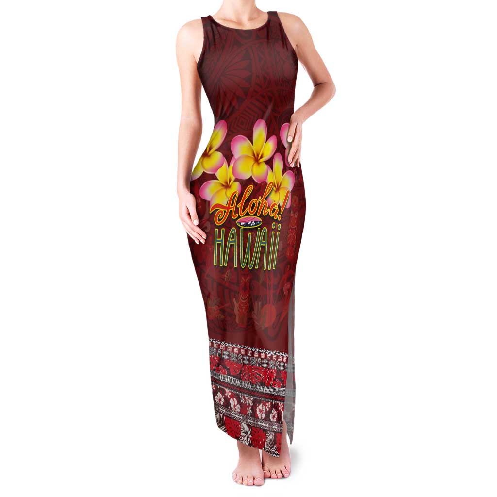 Aloha Plumeria Flowers Tank Maxi Dress With Hawaiian Style Tapa Tribal LT03 Women Red - Polynesian Pride