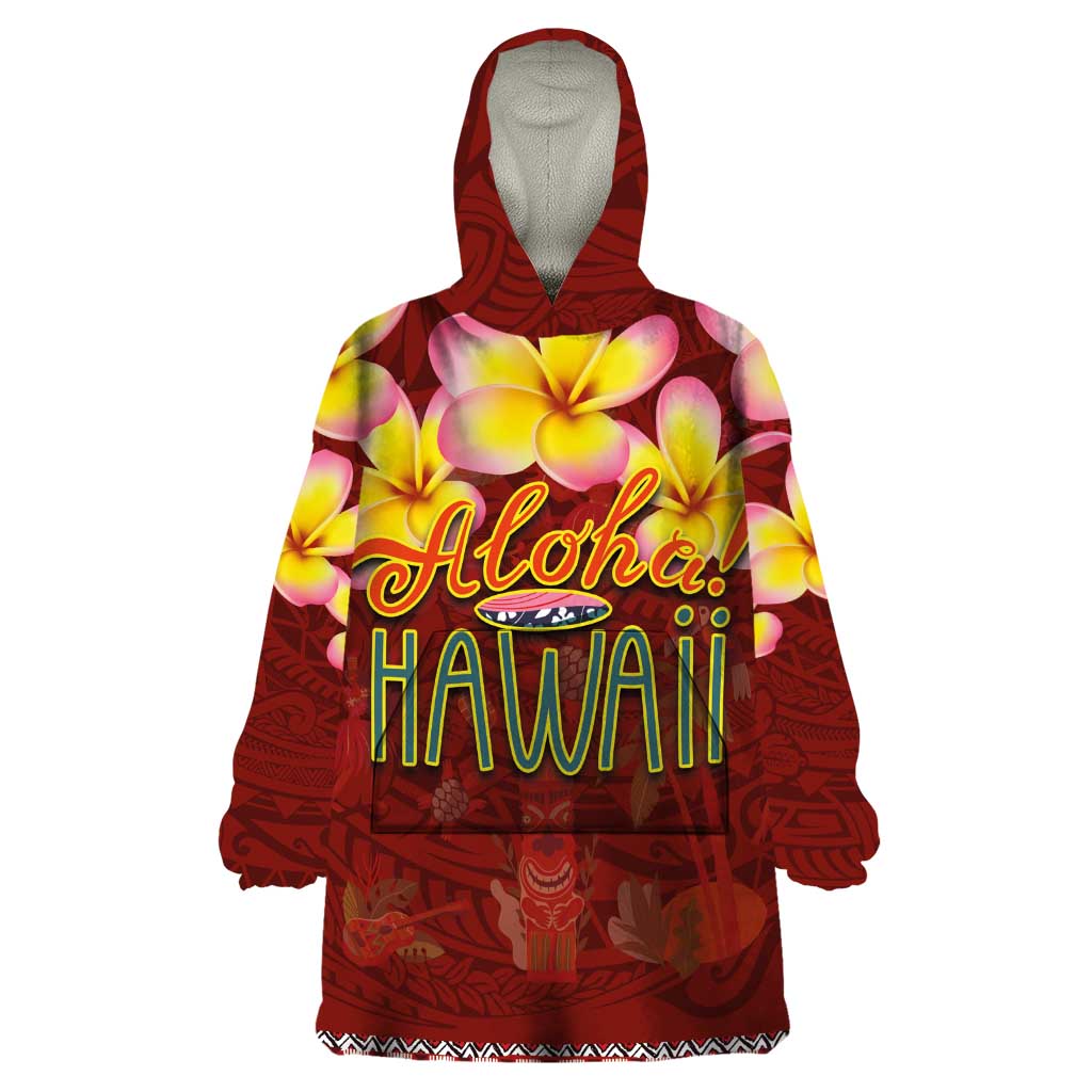 Aloha Plumeria Flowers Wearable Blanket Hoodie With Hawaiian Style Tapa Tribal LT03 One Size Red - Polynesian Pride