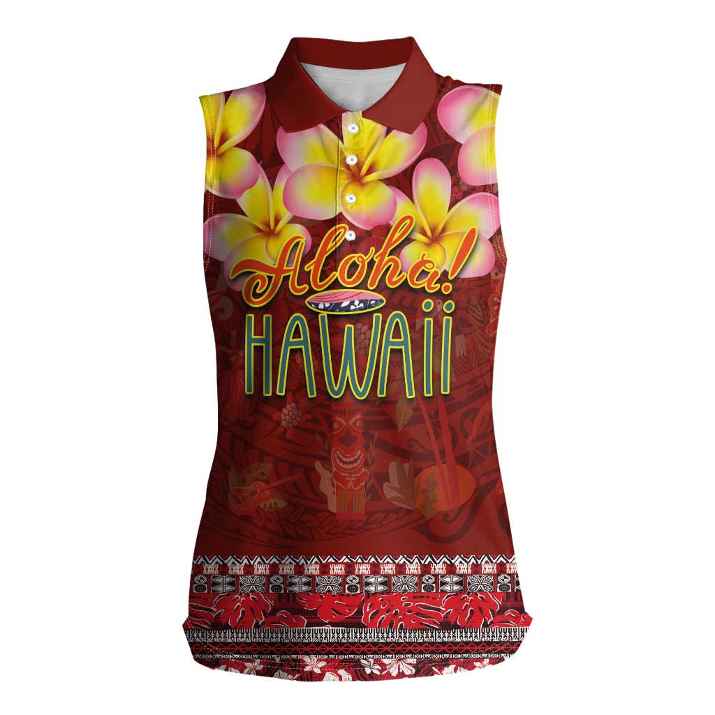 Aloha Plumeria Flowers Women Sleeveless Polo Shirt With Hawaiian Style Tapa Tribal LT03 Female Red - Polynesian Pride