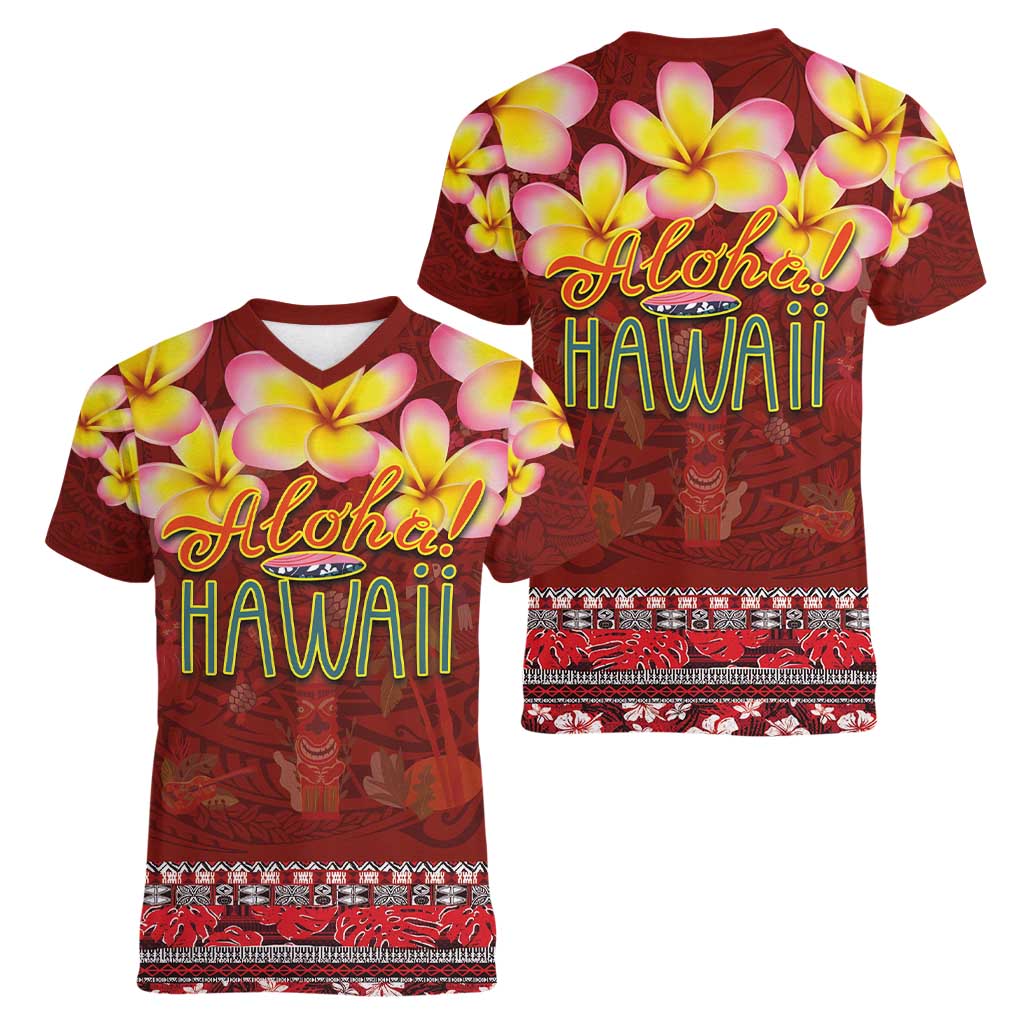 Aloha Plumeria Flowers Women V-Neck T-Shirt With Hawaiian Style Tapa Tribal LT03 - Polynesian Pride