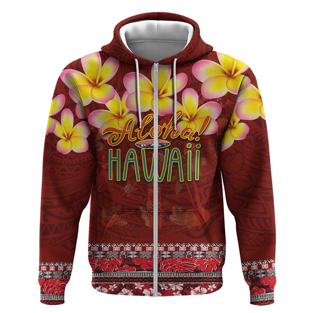 Aloha Plumeria Flowers Zip Hoodie With Hawaiian Style Tapa Tribal LT03 Zip Hoodie Red - Polynesian Pride
