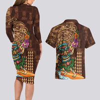 Hawaiian Tiki Mask Surfing Kakau Pattern Couples Matching Long Sleeve Bodycon Dress and Hawaiian Shirt LT03 - Polynesian Pride