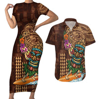 Hawaiian Tiki Mask Surfing Kakau Pattern Couples Matching Short Sleeve Bodycon Dress and Hawaiian Shirt LT03 Brown - Polynesian Pride