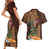 Hawaiian Tiki Mask Surfing Kakau Pattern Couples Matching Short Sleeve Bodycon Dress and Hawaiian Shirt LT03 - Polynesian Pride