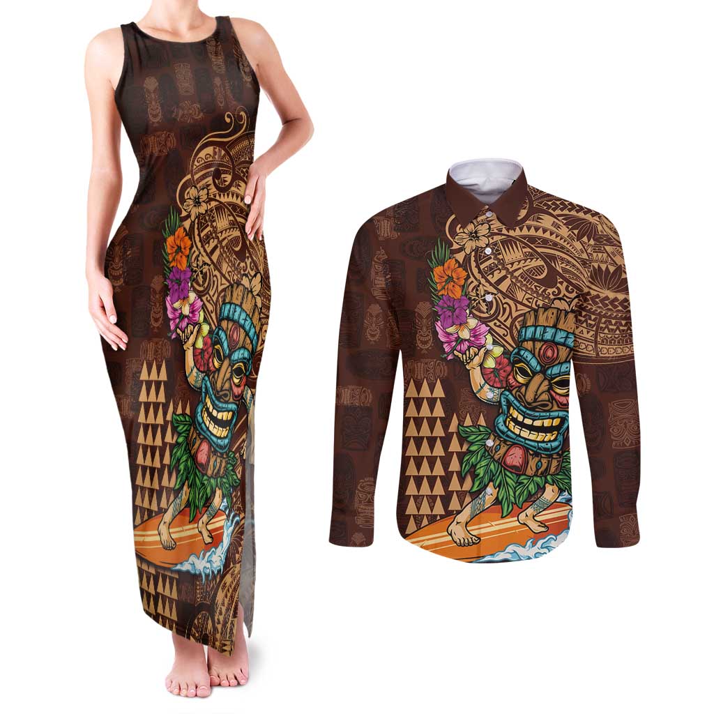 Hawaiian Tiki Mask Surfing Kakau Pattern Couples Matching Tank Maxi Dress and Long Sleeve Button Shirt