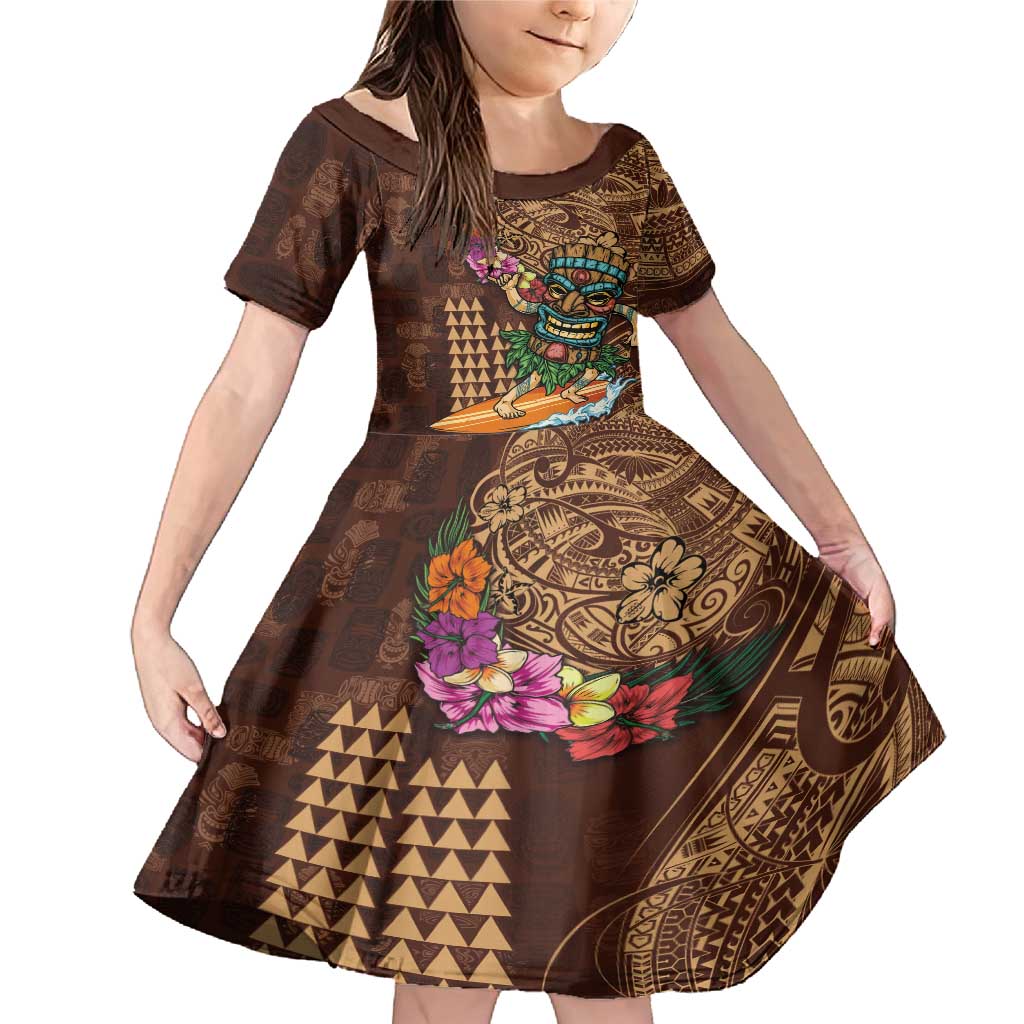 Hawaiian Tiki Mask Surfing Kakau Pattern Family Matching Mermaid Dress and Hawaiian Shirt LT03 Daughter's Dress Brown - Polynesian Pride