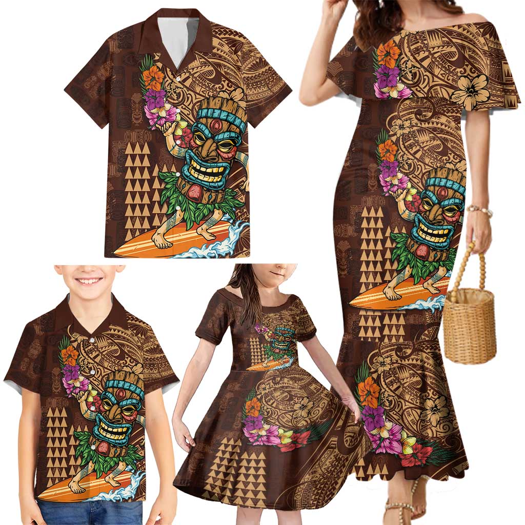 Hawaiian Tiki Mask Surfing Kakau Pattern Family Matching Mermaid Dress and Hawaiian Shirt LT03 - Polynesian Pride