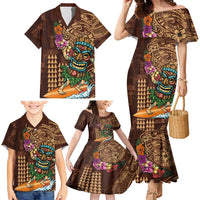 Hawaiian Tiki Mask Surfing Kakau Pattern Family Matching Mermaid Dress and Hawaiian Shirt LT03 - Polynesian Pride