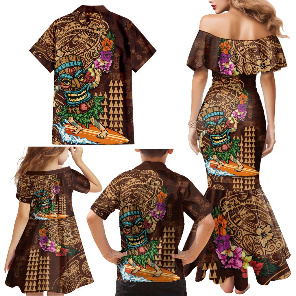 Hawaiian Tiki Mask Surfing Kakau Pattern Family Matching Mermaid Dress and Hawaiian Shirt LT03 - Polynesian Pride