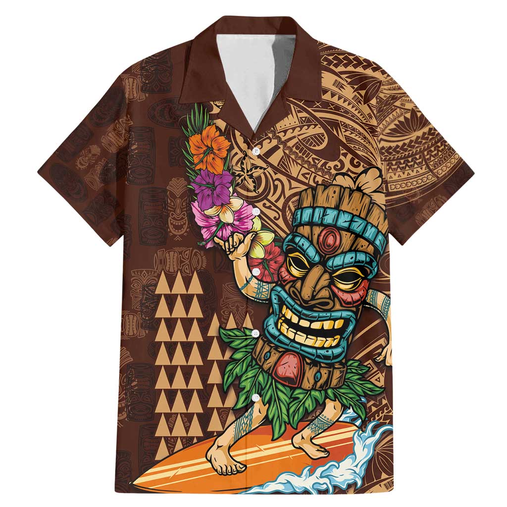 Hawaiian Tiki Mask Surfing Kakau Pattern Family Matching Mermaid Dress and Hawaiian Shirt LT03 Dad's Shirt - Short Sleeve Brown - Polynesian Pride