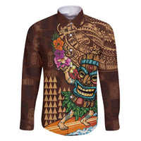 Hawaiian Tiki Mask Surfing Kakau Pattern Family Matching Mermaid Dress and Hawaiian Shirt LT03 Dad's Shirt - Long Sleeve Brown - Polynesian Pride