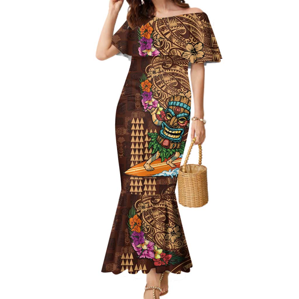 Hawaiian Tiki Mask Surfing Kakau Pattern Family Matching Mermaid Dress and Hawaiian Shirt LT03 Mom's Dress Brown - Polynesian Pride