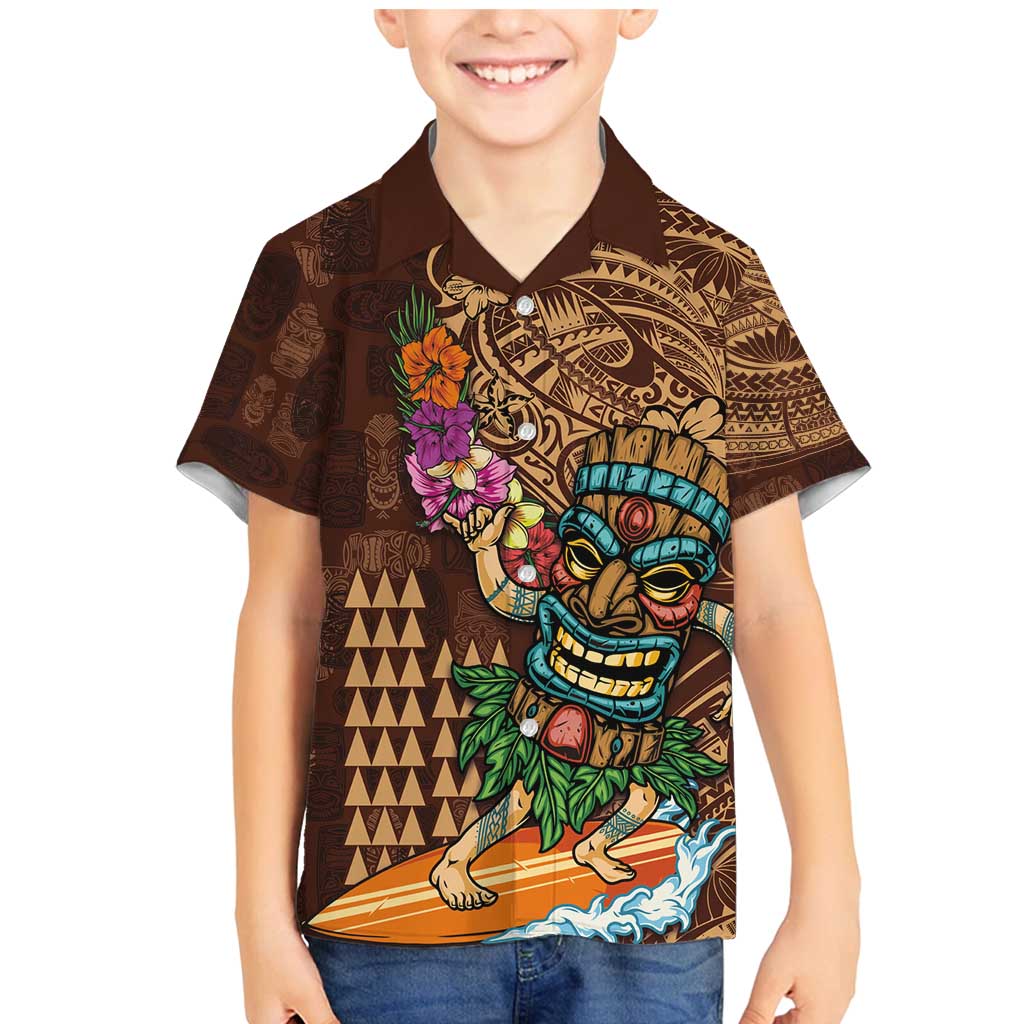 Hawaiian Tiki Mask Surfing Kakau Pattern Family Matching Mermaid Dress and Hawaiian Shirt LT03 Son's Shirt Brown - Polynesian Pride