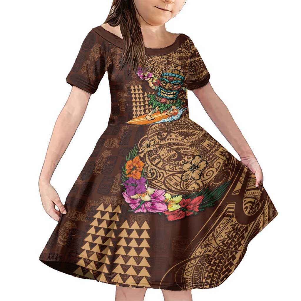 Hawaiian Tiki Mask Surfing Kakau Pattern Family Matching Off Shoulder Maxi Dress and Hawaiian Shirt LT03 Daughter's Dress Brown - Polynesian Pride