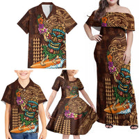 Hawaiian Tiki Mask Surfing Kakau Pattern Family Matching Off Shoulder Maxi Dress and Hawaiian Shirt LT03 - Polynesian Pride