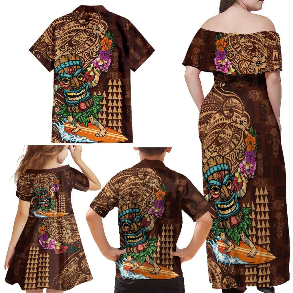 Hawaiian Tiki Mask Surfing Kakau Pattern Family Matching Off Shoulder Maxi Dress and Hawaiian Shirt LT03 - Polynesian Pride
