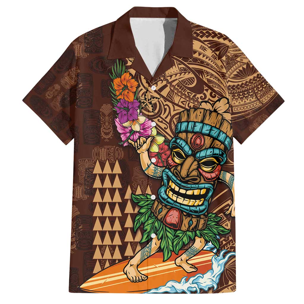 Hawaiian Tiki Mask Surfing Kakau Pattern Family Matching Off Shoulder Maxi Dress and Hawaiian Shirt LT03 Dad's Shirt - Short Sleeve Brown - Polynesian Pride
