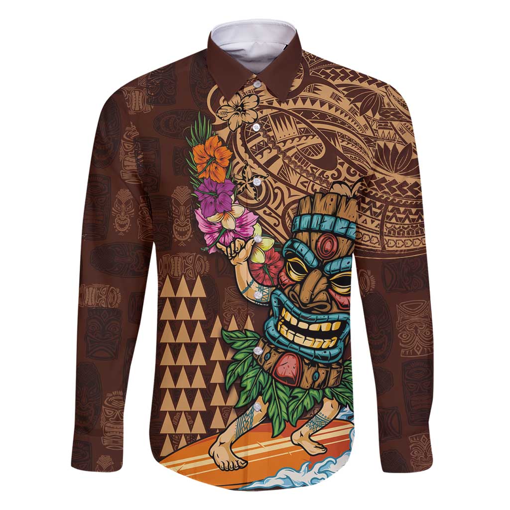Hawaiian Tiki Mask Surfing Kakau Pattern Family Matching Off Shoulder Maxi Dress and Hawaiian Shirt LT03 Dad's Shirt - Long Sleeve Brown - Polynesian Pride