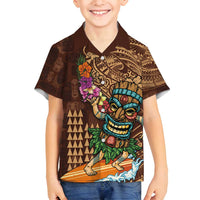 Hawaiian Tiki Mask Surfing Kakau Pattern Family Matching Off Shoulder Maxi Dress and Hawaiian Shirt LT03 Son's Shirt Brown - Polynesian Pride