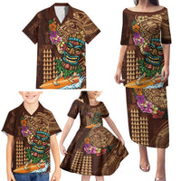 Hawaiian Tiki Mask Surfing Kakau Pattern Family Matching Puletasi and Hawaiian Shirt LT03 - Polynesian Pride