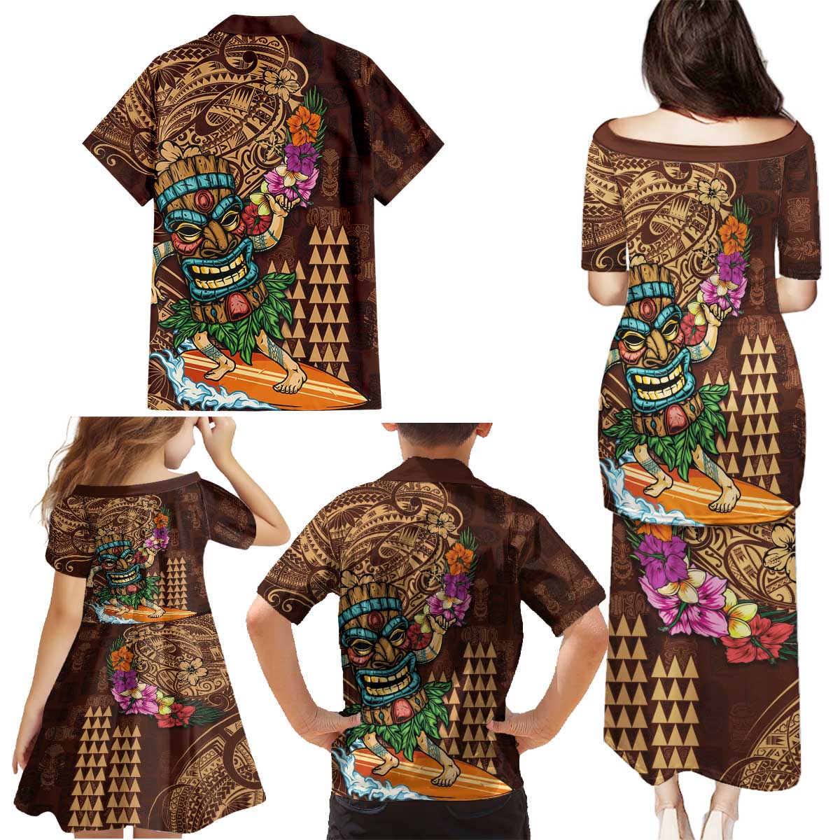 Hawaiian Tiki Mask Surfing Kakau Pattern Family Matching Puletasi and Hawaiian Shirt LT03 - Polynesian Pride
