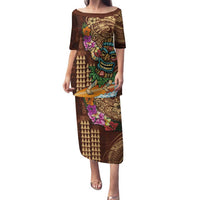 Hawaiian Tiki Mask Surfing Kakau Pattern Family Matching Puletasi and Hawaiian Shirt LT03 Mom's Dress Brown - Polynesian Pride