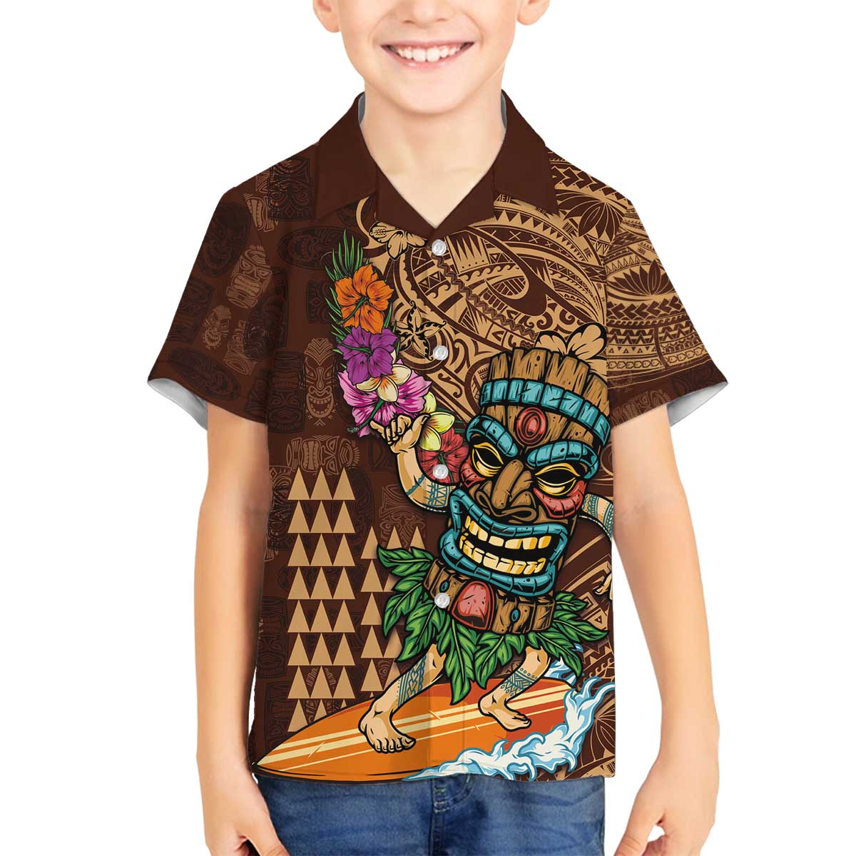 Hawaiian Tiki Mask Surfing Kakau Pattern Family Matching Puletasi and Hawaiian Shirt LT03 Son's Shirt Brown - Polynesian Pride