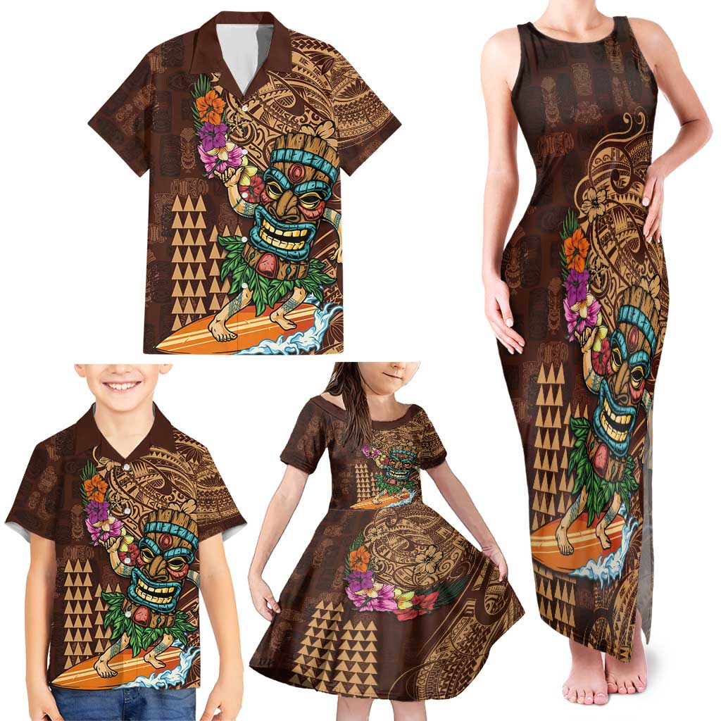 Hawaiian Tiki Mask Surfing Kakau Pattern Family Matching Tank Maxi Dress and Hawaiian Shirt