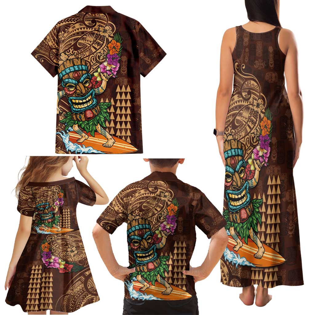 Hawaiian Tiki Mask Surfing Kakau Pattern Family Matching Tank Maxi Dress and Hawaiian Shirt