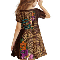 Hawaiian Tiki Mask Surfing Kakau Pattern Kid Short Sleeve Dress