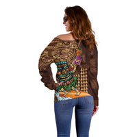 Hawaiian Tiki Mask Surfing Kakau Pattern Off Shoulder Sweater
