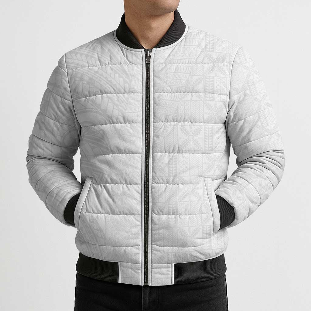 Niue White Sunday Bomber Puffer Jacket Hiapo Tribal Art Tattoos - Polynesian Pride
